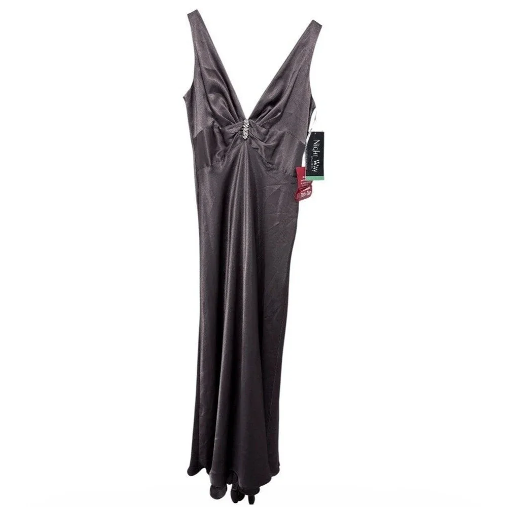 Night Way Womens Satin Maxi Gown Dress NWT Charcoal Grey V-Neck Size 12